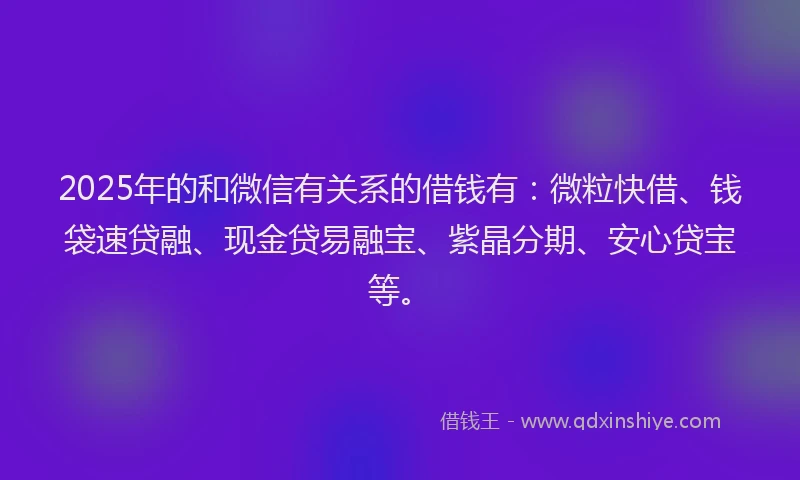 2025年的和微信有关系的借钱有：微粒快借、钱袋速贷融、现金贷易融宝、紫晶分期、安心贷宝等。