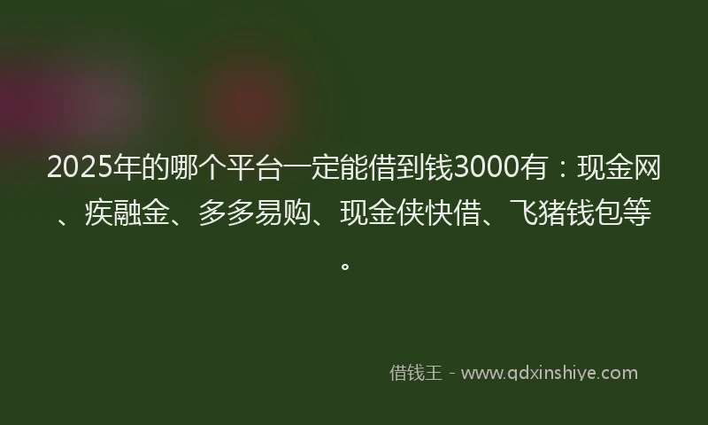2025年的哪个平台一定能借到钱3000有：现金网、疾融金、多多易购、现金侠快借、飞猪钱包等。