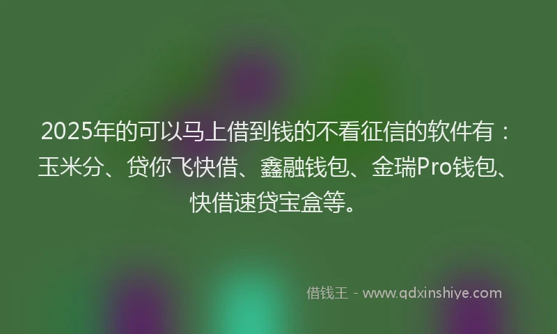 2025年的可以马上借到钱的不看征信的软件有：玉米分、贷你飞快借、鑫融钱包、金瑞Pro钱包、快借速贷宝盒等。