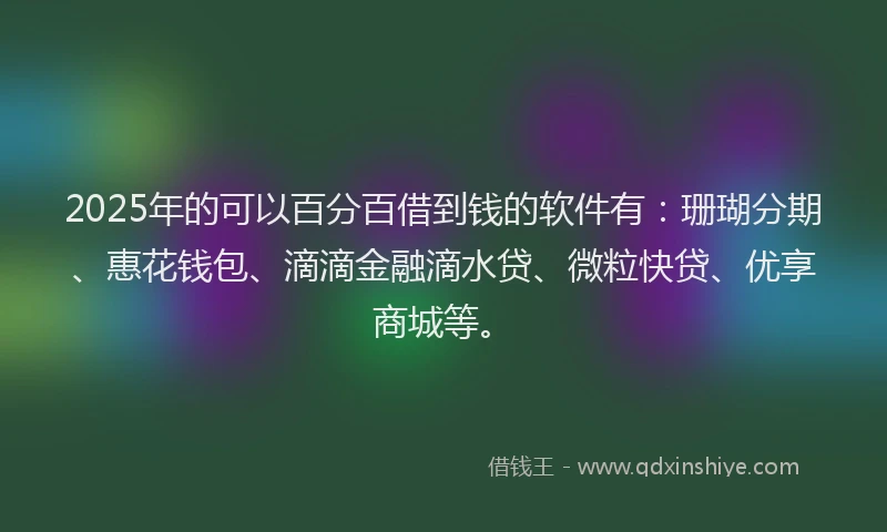 2025年的可以百分百借到钱的软件有：珊瑚分期、惠花钱包、滴滴金融滴水贷、微粒快贷、优享商城等。