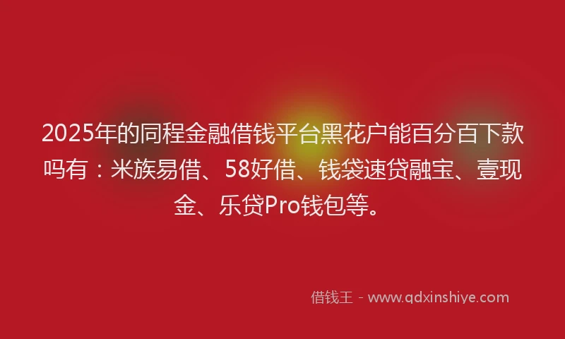 2025年的同程金融借钱平台黑花户能百分百下款吗有：米族易借、58好借、钱袋速贷融宝、壹现金、乐贷Pro钱包等。
