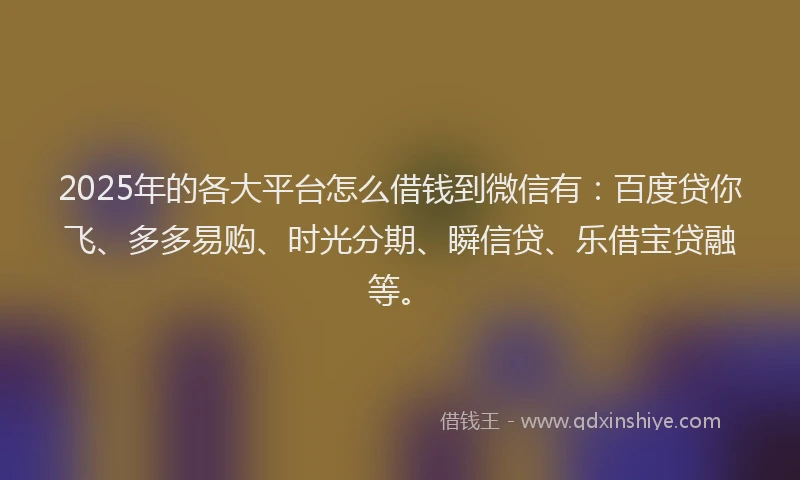 2025年的各大平台怎么借钱到微信有：百度贷你飞、多多易购、时光分期、瞬信贷、乐借宝贷融等。
