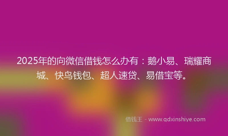 2025年的向微信借钱怎么办有：鹅小易、瑞耀商城、快鸟钱包、超人速贷、易借宝等。