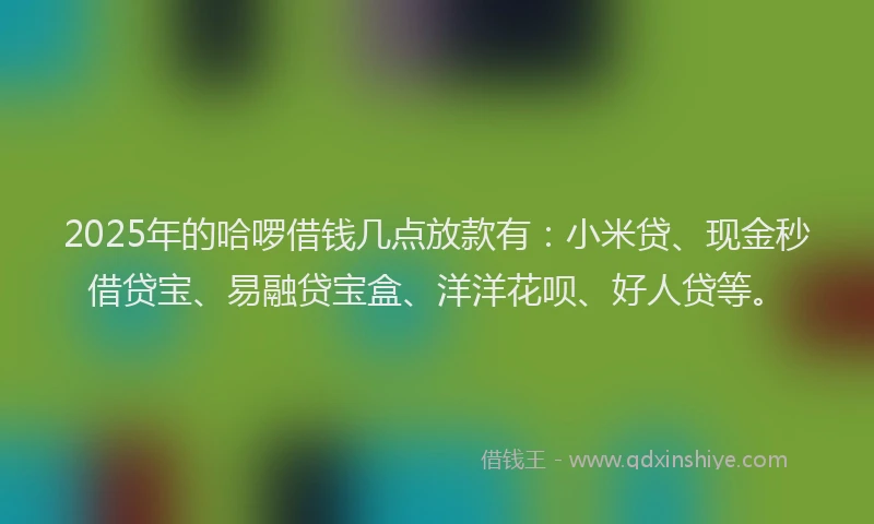 2025年的哈啰借钱几点放款有：小米贷、现金秒借贷宝、易融贷宝盒、洋洋花呗、好人贷等。