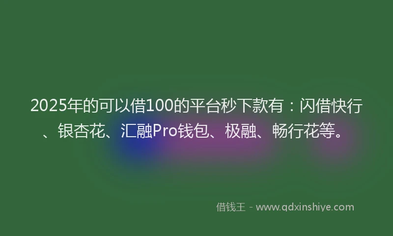 2025年的可以借100的平台秒下款有：闪借快行、银杏花、汇融Pro钱包、极融、畅行花等。