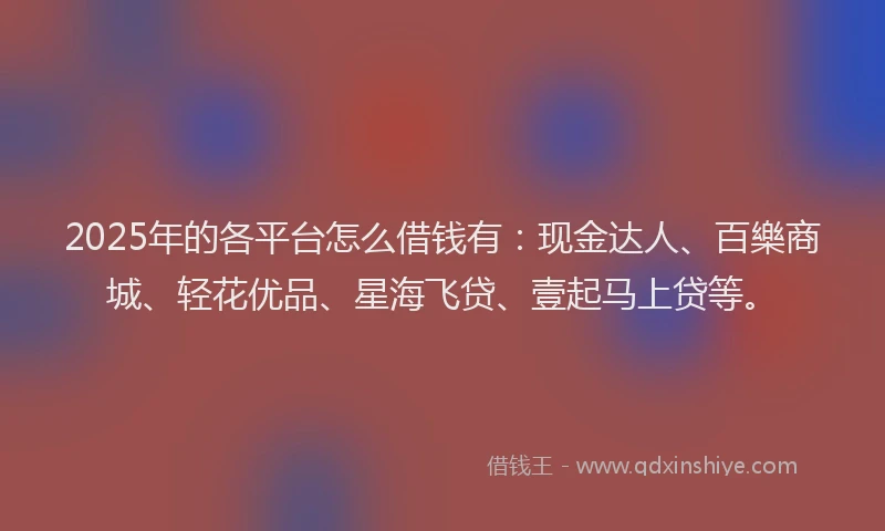 2025年的各平台怎么借钱有：现金达人、百樂商城、轻花优品、星海飞贷、壹起马上贷等。
