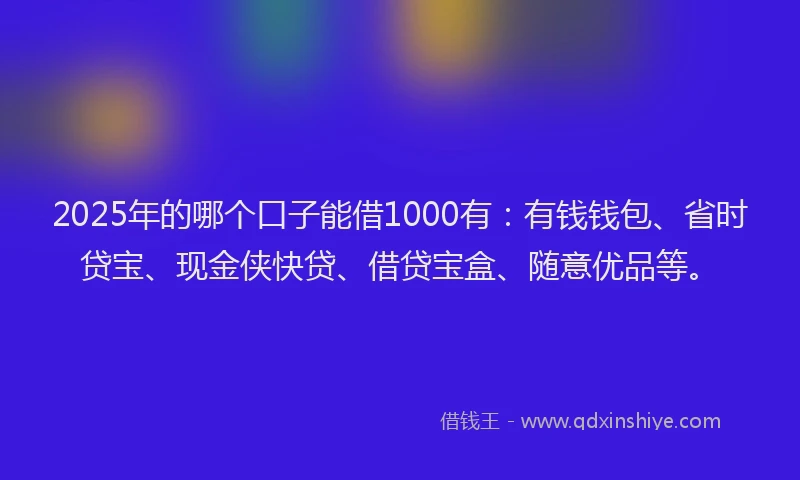 2025年的哪个口子能借1000有:有钱钱包、省时贷宝、现金侠快贷、借贷宝盒、随意优品等。