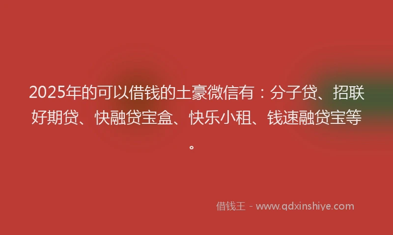 2025年的可以借钱的土豪微信有：分子贷、招联好期贷、快融贷宝盒、快乐小租、钱速融贷宝等。