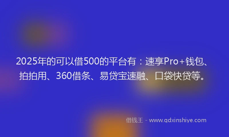 2025年的可以借500的平台有：速享Pro+钱包、拍拍用、360借条、易贷宝速融、口袋快贷等。