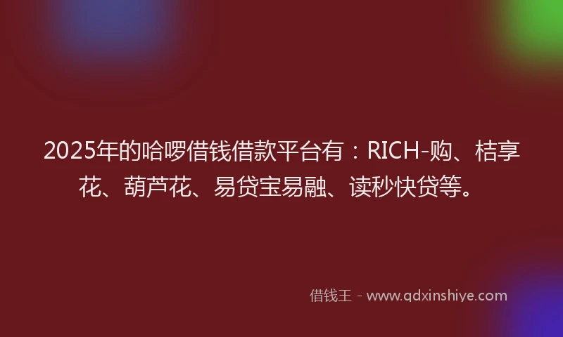 2025年的哈啰借钱借款平台有：RICH-购、桔享花、葫芦花、易贷宝易融、读秒快贷等。