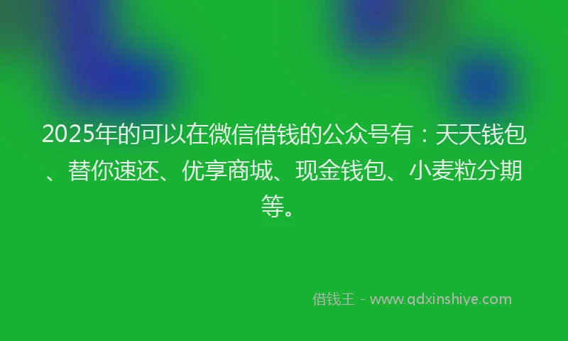 2025年的可以在微信借钱的公众号有：天天钱包、替你速还、优享商城、现金钱包、小麦粒分期等。