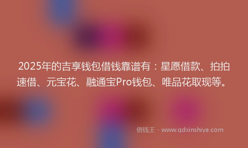 2025年的吉享钱包借钱靠谱有：星愿借款、拍拍速借、元宝花、融通宝Pro钱包、唯品花取现等。