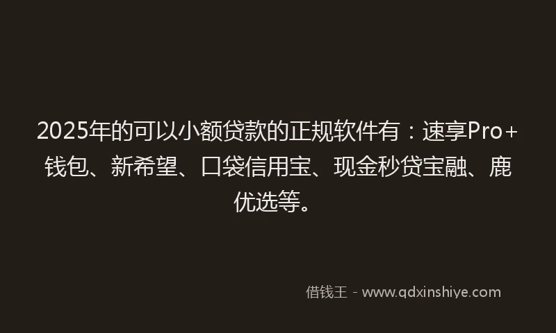 2025年的可以小额贷款的正规软件有：速享Pro+钱包、新希望、口袋信用宝、现金秒贷宝融、鹿优选等。