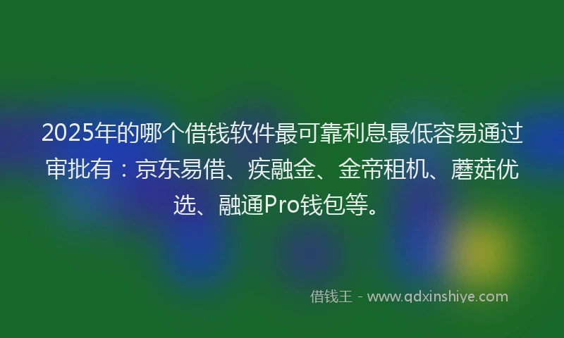 2025年的哪个借钱软件最可靠利息最低容易通过审批有：京东易借、疾融金、金帝租机、蘑菇优选、融通Pro钱包等。