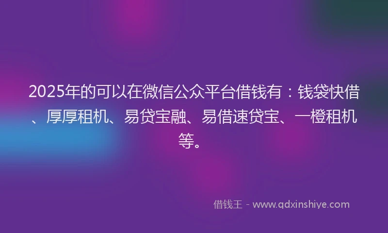 2025年的可以在微信公众平台借钱有：钱袋快借、厚厚租机、易贷宝融、易借速贷宝、一橙租机等。