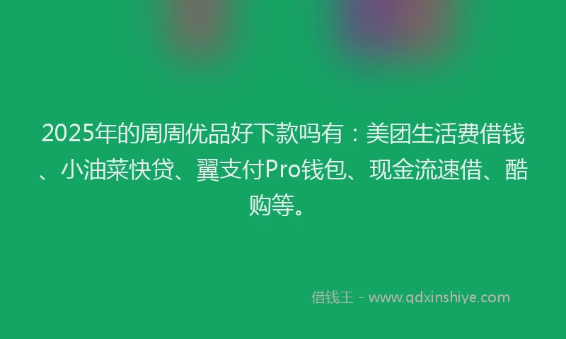 2025年的周周优品好下款吗有：美团生活费借钱、小油菜快贷、翼支付Pro钱包、现金流速借、酷购等。