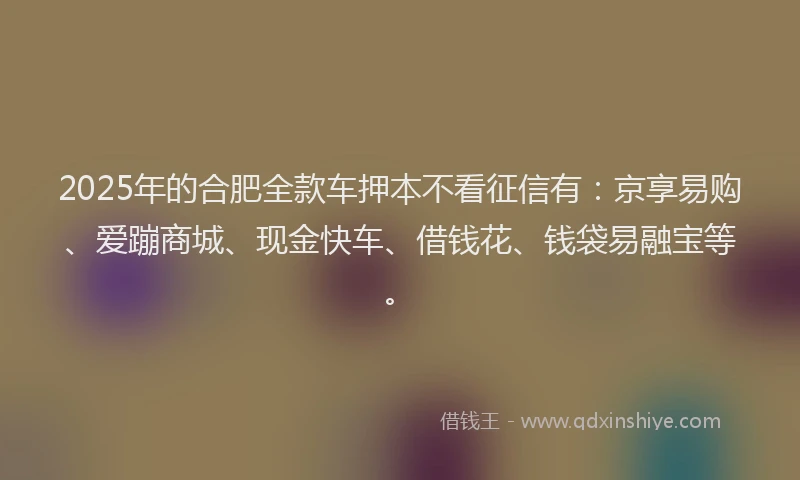 2025年的合肥全款车押本不看征信有：京享易购、爱蹦商城、现金快车、借钱花、钱袋易融宝等。