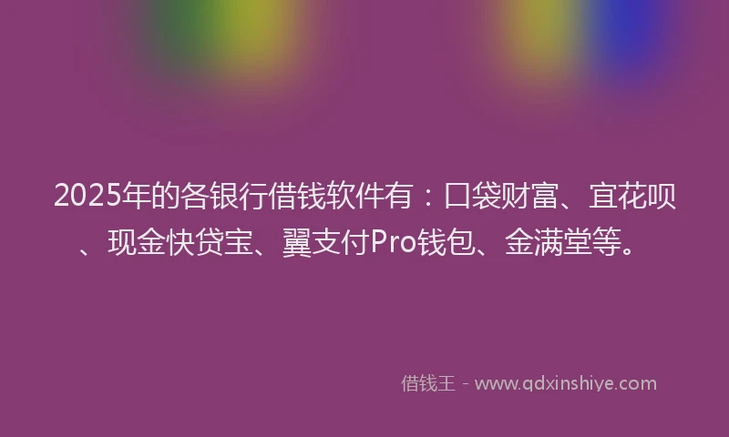 2025年的各银行借钱软件有：口袋财富、宜花呗、现金快贷宝、翼支付Pro钱包、金满堂等。