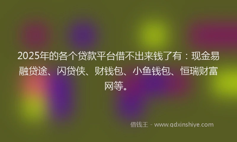 2025年的各个贷款平台借不出来钱了有：现金易融贷途、闪贷侠、财钱包、小鱼钱包、恒瑞财富网等。