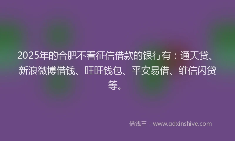2025年的合肥不看征信借款的银行有：通天贷、新浪微博借钱、旺旺钱包、平安易借、维信闪贷等。