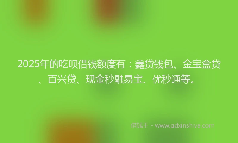 2025年的吃呗借钱额度有：鑫贷钱包、金宝盒贷、百兴贷、现金秒融易宝、优秒通等。