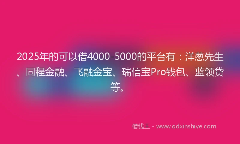 2025年的可以借4000-5000的平台有：洋葱先生、同程金融、飞融金宝、瑞信宝Pro钱包、蓝领贷等。