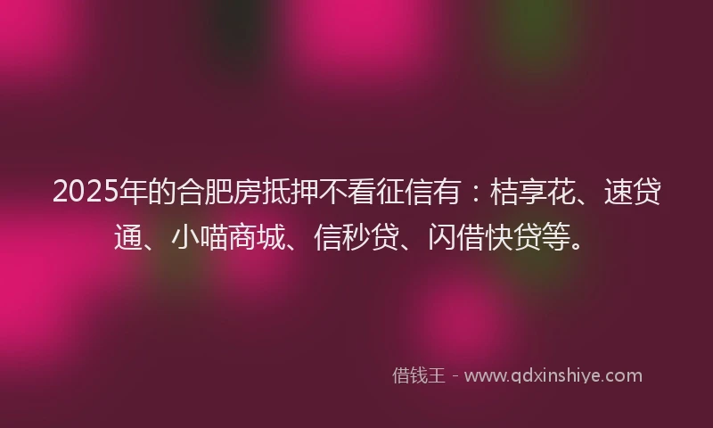 2025年的合肥房抵押不看征信有：桔享花、速贷通、小喵商城、信秒贷、闪借快贷等。
