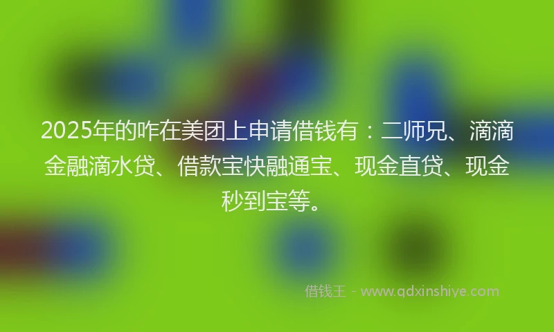 2025年的咋在美团上申请借钱有:二师兄、滴滴金融滴水贷、借款宝快融通宝、现金直贷、现金秒到宝等。