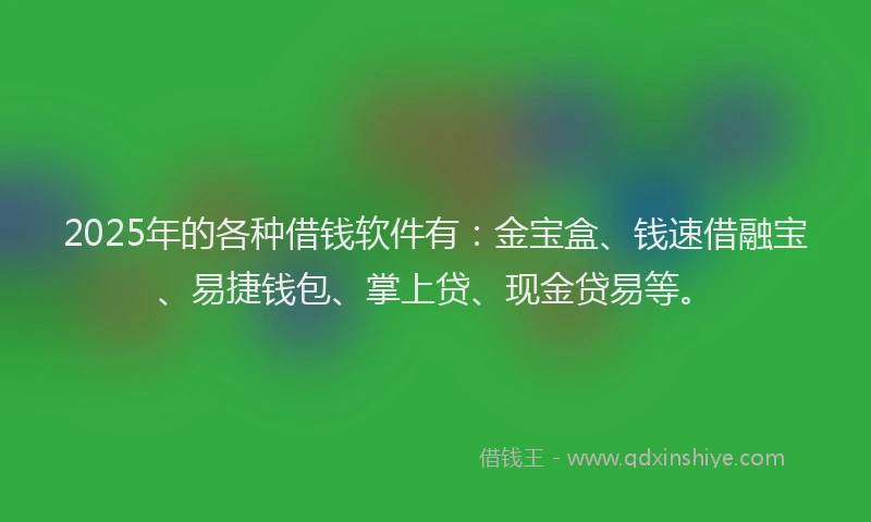 2025年的各种借钱软件有：金宝盒、钱速借融宝、易捷钱包、掌上贷、现金贷易等。