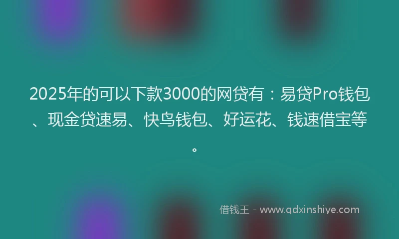 2025年的可以下款3000的网贷有：易贷Pro钱包、现金贷速易、快鸟钱包、好运花、钱速借宝等。
