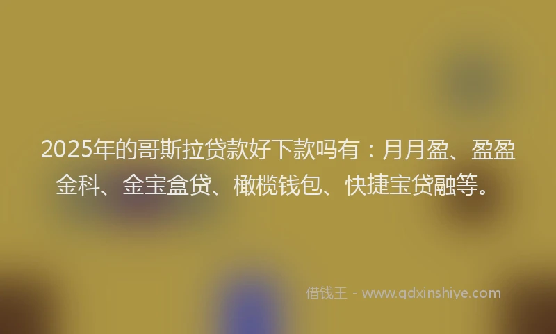 2025年的哥斯拉贷款好下款吗有：月月盈、盈盈金科、金宝盒贷、橄榄钱包、快捷宝贷融等。