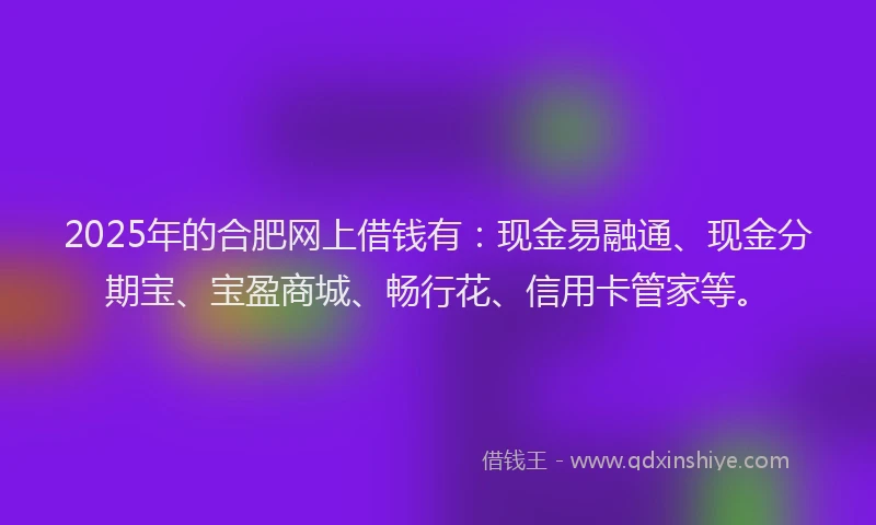2025年的合肥网上借钱有：现金易融通、现金分期宝、宝盈商城、畅行花、信用卡管家等。