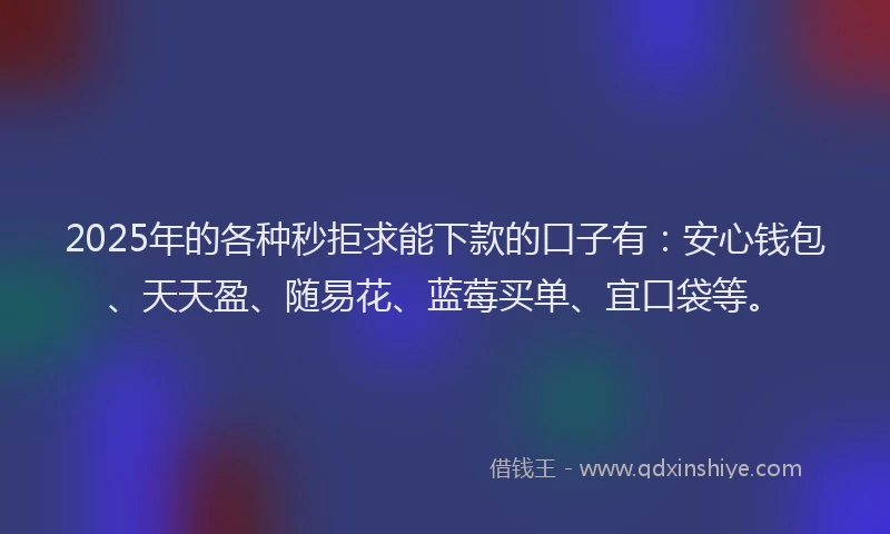 2025年的各种秒拒求能下款的口子有：安心钱包、天天盈、随易花、蓝莓买单、宜口袋等。