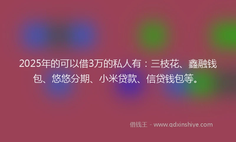 2025年的可以借3万的私人有：三枝花、鑫融钱包、悠悠分期、小米贷款、信贷钱包等。
