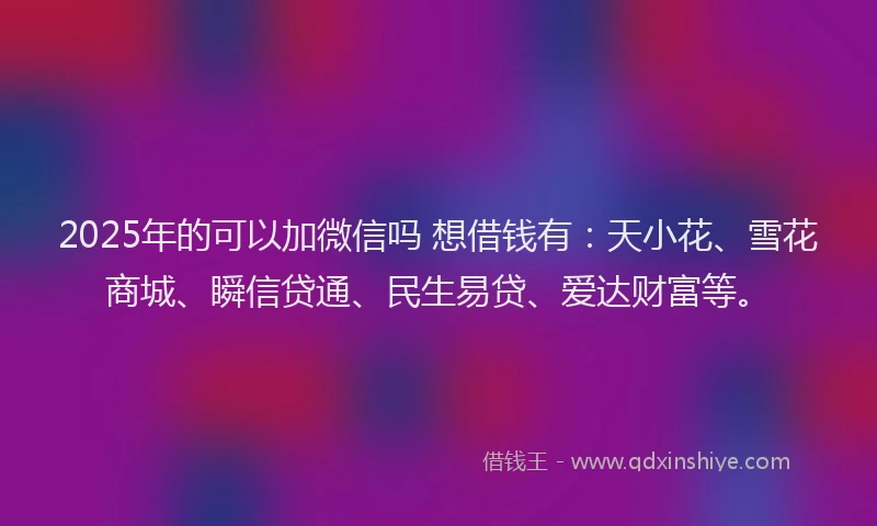 2025年的可以加微信吗 想借钱有：天小花、雪花商城、瞬信贷通、民生易贷、爱达财富等。