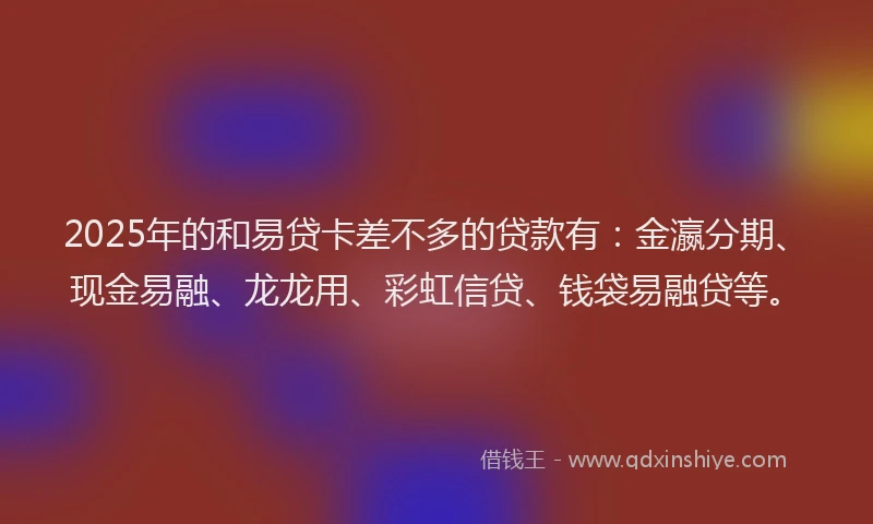 2025年的和易贷卡差不多的贷款有:金瀛分期、现金易融、龙龙用、彩虹信贷、钱袋易融贷等。