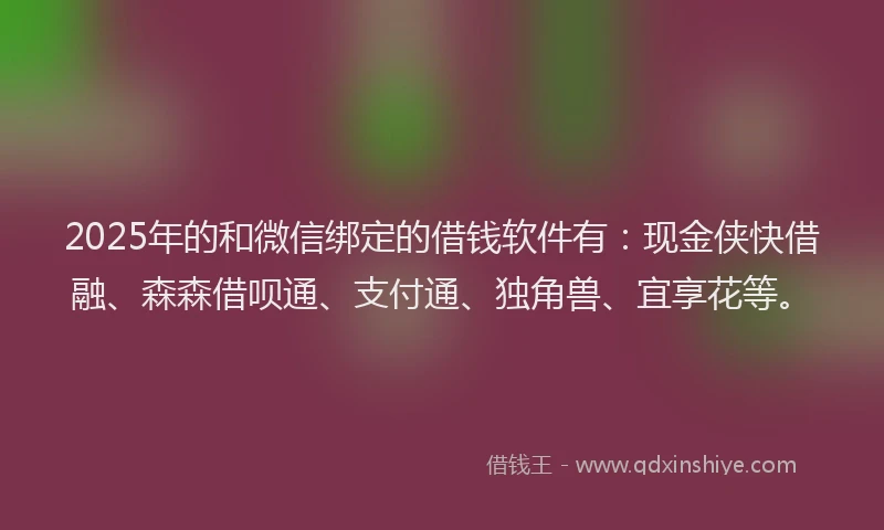 2025年的和微信绑定的借钱软件有：现金侠快借融、森森借呗通、支付通、独角兽、宜享花等。