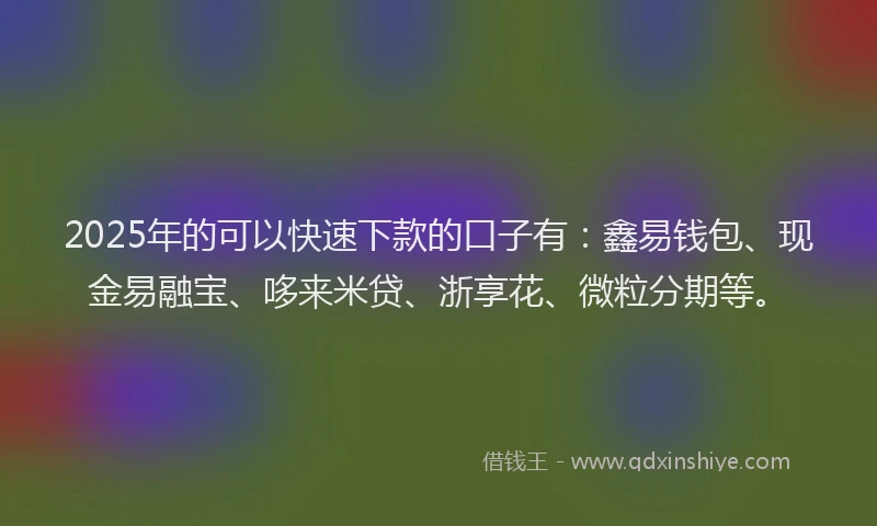 2025年的可以快速下款的口子有：鑫易钱包、现金易融宝、哆来米贷、浙享花、微粒分期等。