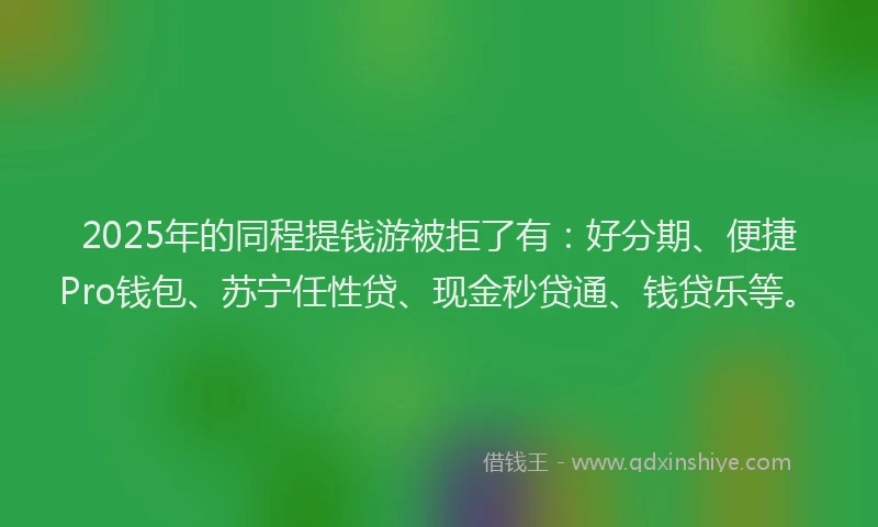2025年的同程提钱游被拒了有：好分期、便捷Pro钱包、苏宁任性贷、现金秒贷通、钱贷乐等。