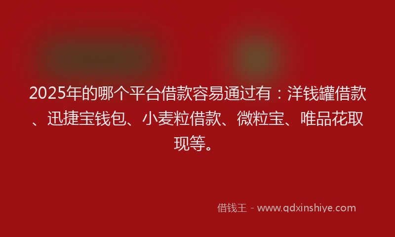 2025年的哪个平台借款容易通过有：洋钱罐借款、迅捷宝钱包、小麦粒借款、微粒宝、唯品花取现等。