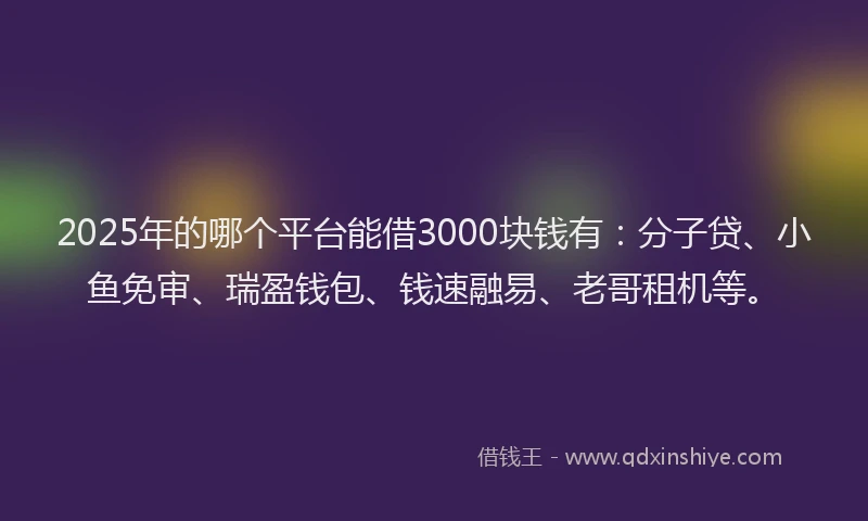 2025年的哪个平台能借3000块钱有:分子贷、小鱼免审、瑞盈钱包、钱速融易、老哥租机等。