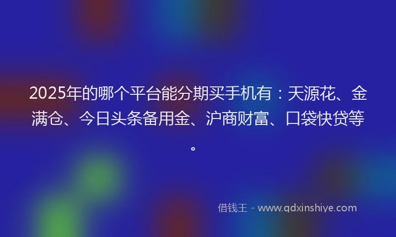 2025年的哪个平台能分期买手机有：天源花、金满仓、今日头条备用金、沪商财富、口袋快贷等。