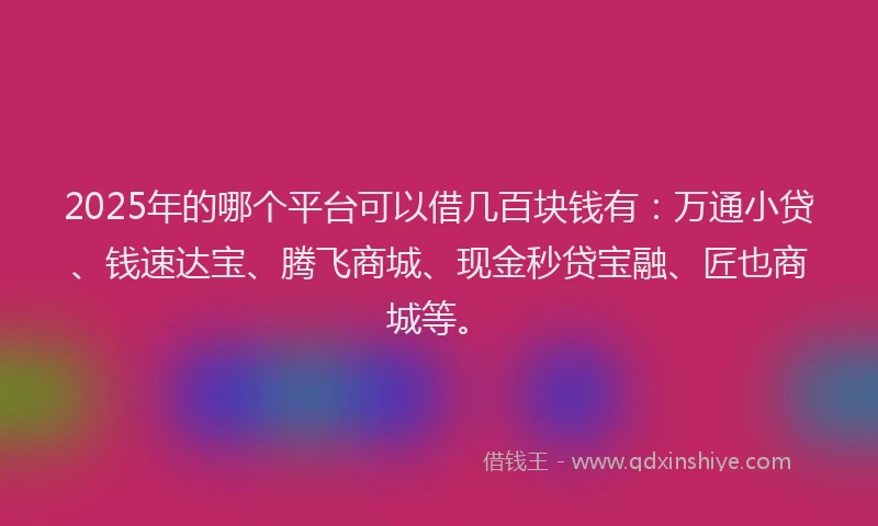 2025年的哪个平台可以借几百块钱有：万通小贷、钱速达宝、腾飞商城、现金秒贷宝融、匠也商城等。