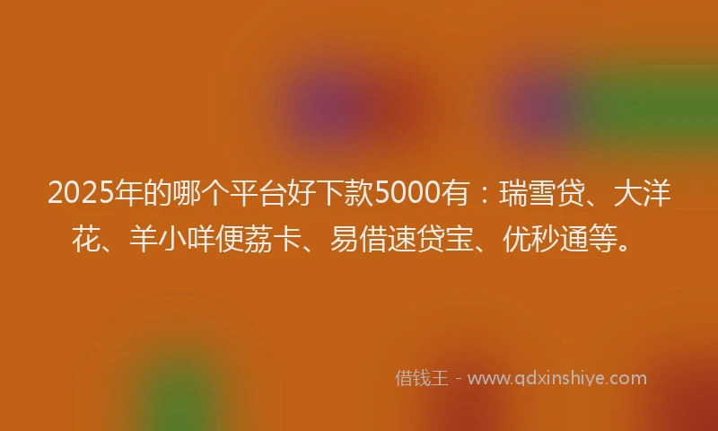 2025年的哪个平台好下款5000有：瑞雪贷、大洋花、羊小咩便荔卡、易借速贷宝、优秒通等。