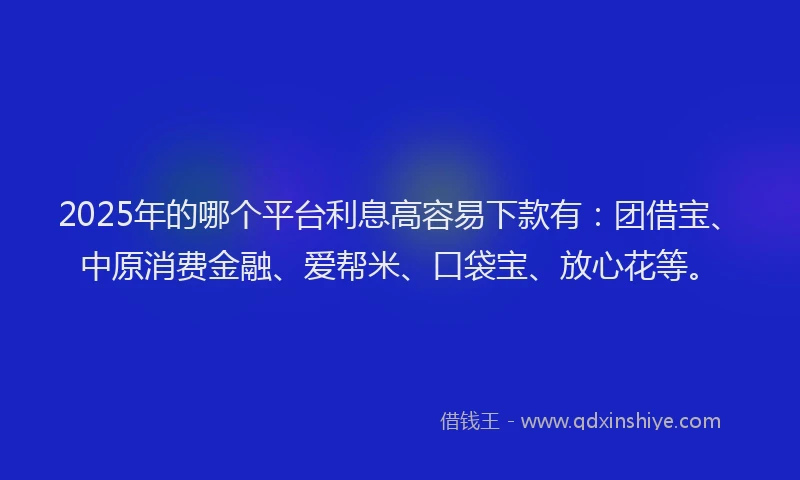 2025年的哪个平台利息高容易下款有：团借宝、中原消费金融、爱帮米、口袋宝、放心花等。