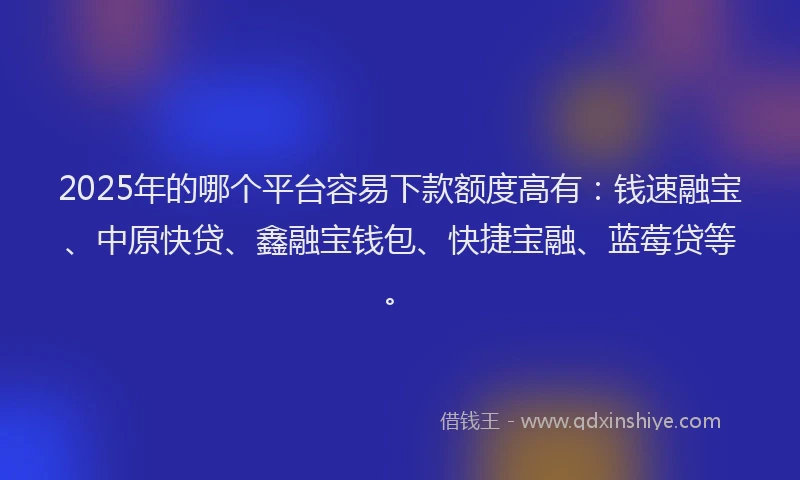 2025年的哪个平台容易下款额度高有：钱速融宝、中原快贷、鑫融宝钱包、快捷宝融、蓝莓贷等。