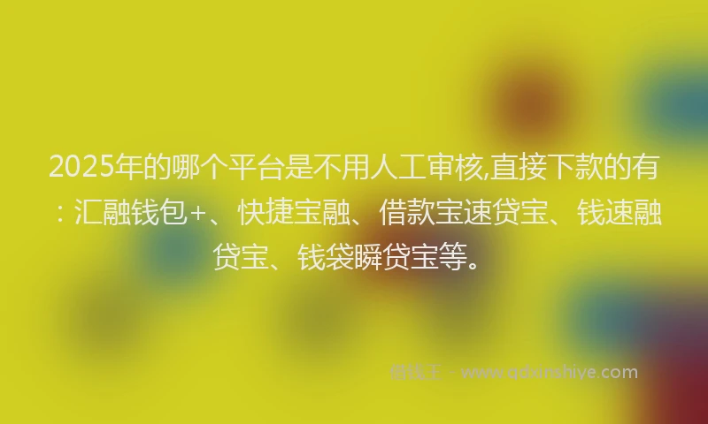 2025年的哪个平台是不用人工审核,直接下款的有：汇融钱包+、快捷宝融、借款宝速贷宝、钱速融贷宝、钱袋瞬贷宝等。