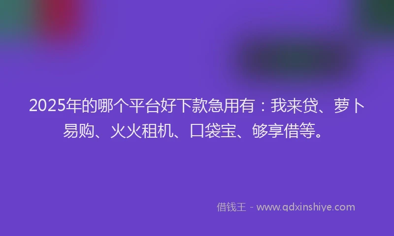 2025年的哪个平台好下款急用有：我来贷、萝卜易购、火火租机、口袋宝、够享借等。