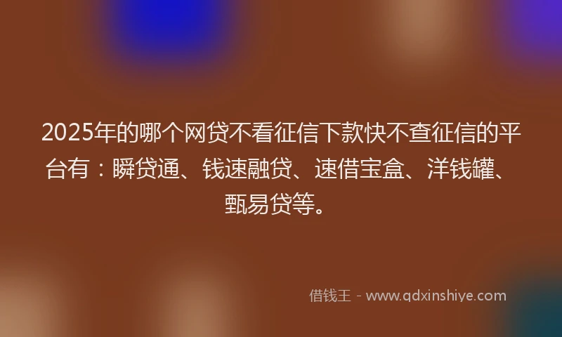 2025年的哪个网贷不看征信下款快不查征信的平台有：瞬贷通、钱速融贷、速借宝盒、洋钱罐、甄易贷等。