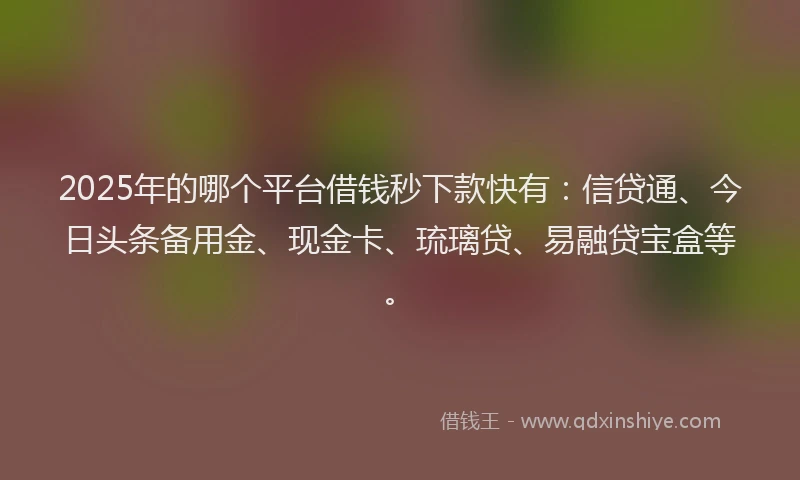 2025年的哪个平台借钱秒下款快有：信贷通、今日头条备用金、现金卡、琉璃贷、易融贷宝盒等。